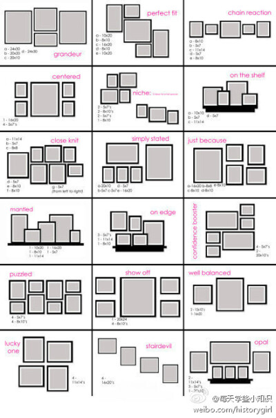想把照片挂在墙上，你可以参考这些排列方式（如果照片非常多，其实最简单地同尺寸顺序排列就很好啦）把你们的回忆摆满吧