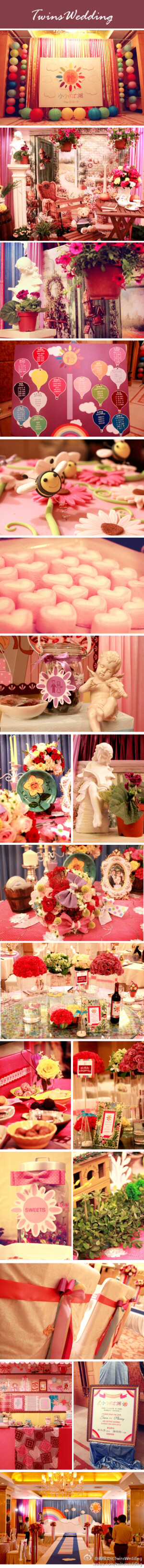 5月20日在滨江欣景大酒店策划的婚礼现场。蓝天、白云、花店、糖果铺、彩虹配色，有没有把你带入一个梦幻的七彩世界呢~！婚礼现场high翻了、绝对是一场既感动又甜蜜的婚礼，twins团队可以参与这样一场难忘的婚礼，真是无比荣幸哈