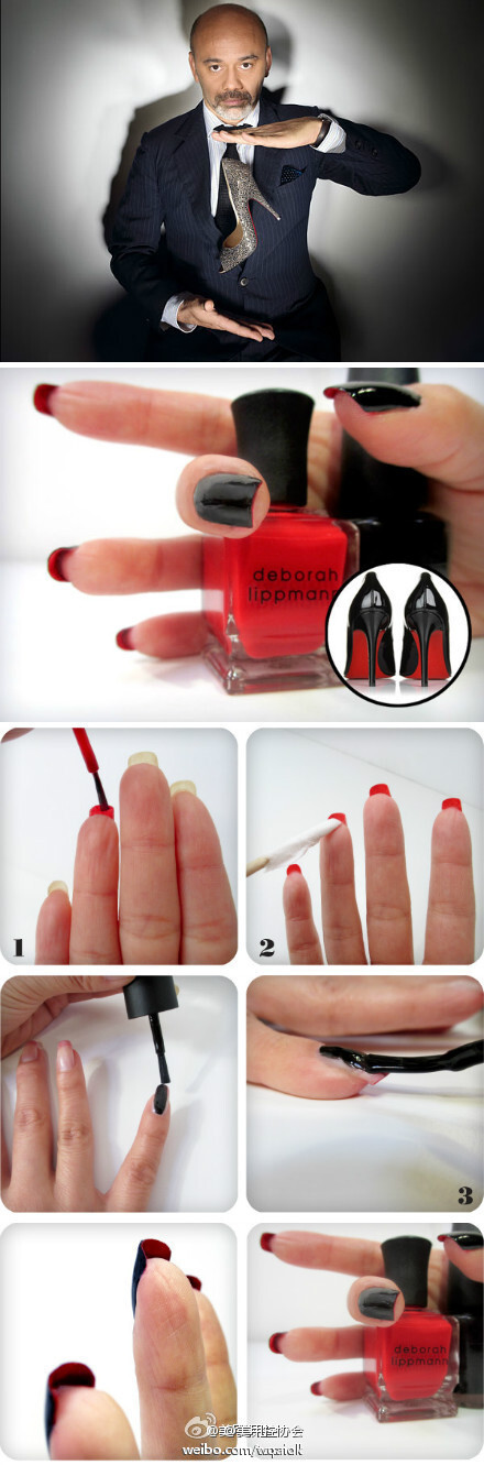 手把手教你打造Christian Louboutin式红底鞋美甲，步骤很简单，只需要用大红色和黑色两种甲油即可，做出来效果非常大牌，时尚度满分。