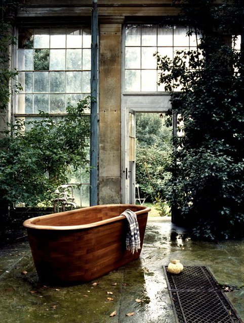 Teak bath in an old rundown building