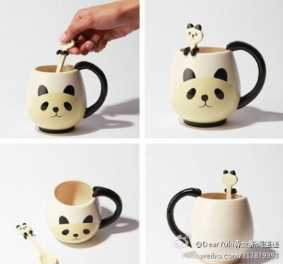 「Panda Friends Mug & Spoon Set熊猫杯子/勺子」一只挂在杯沿上看着你的可爱熊猫，它的真身其实是一只勺子！好可爱呐！