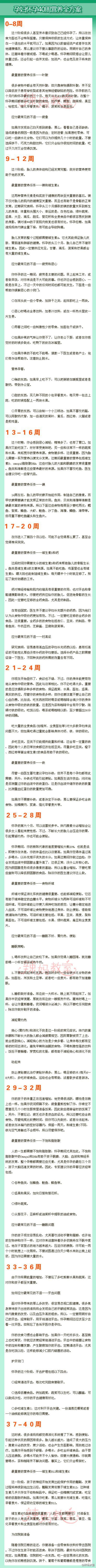 【孕妇怀孕40周营养全方案】是不是还在为孕期的营养问题在犯愁呢？下面介绍怀孕期40周的营养全方案，留起来备用吧~