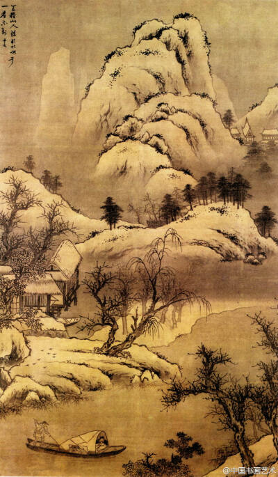 明 钟钦礼《雪溪放舟图》---《雪溪放舟图》是钟钦礼的代表作，画中表现的是渔人雪后在寒溪上放舟的情景。画面萧寒清幽，远处山峰积雪皑皑，山的轮廓用重墨线勾勒，树枝劲虬弯曲，层次分明，深得雪骨水韵之妙。绢本墨…