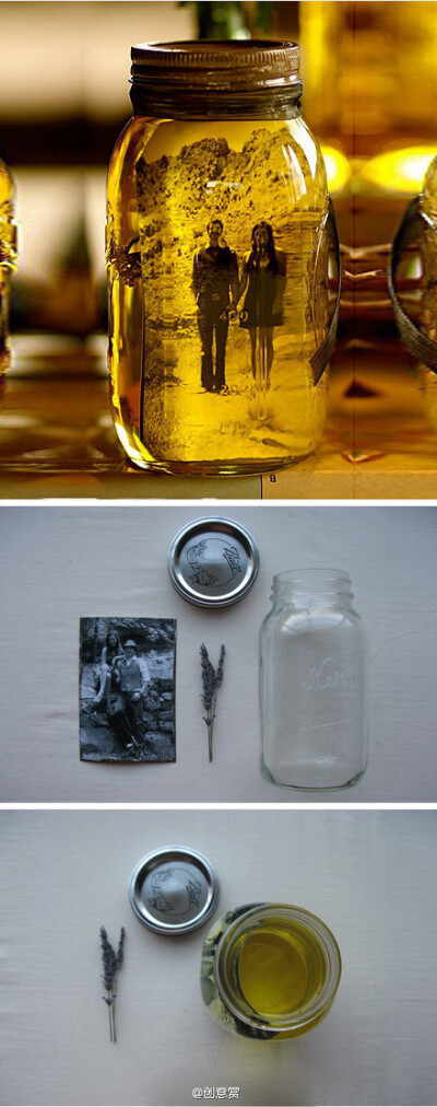 在装满橄榄油的玻璃罐内放入一张自己喜欢的黑白照片，就可以制作出一个独特的VINTAGE“相框”。