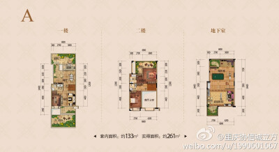 重庆，协信城立方，越墅，套内面积约133平方米，实得面积约261平方米。