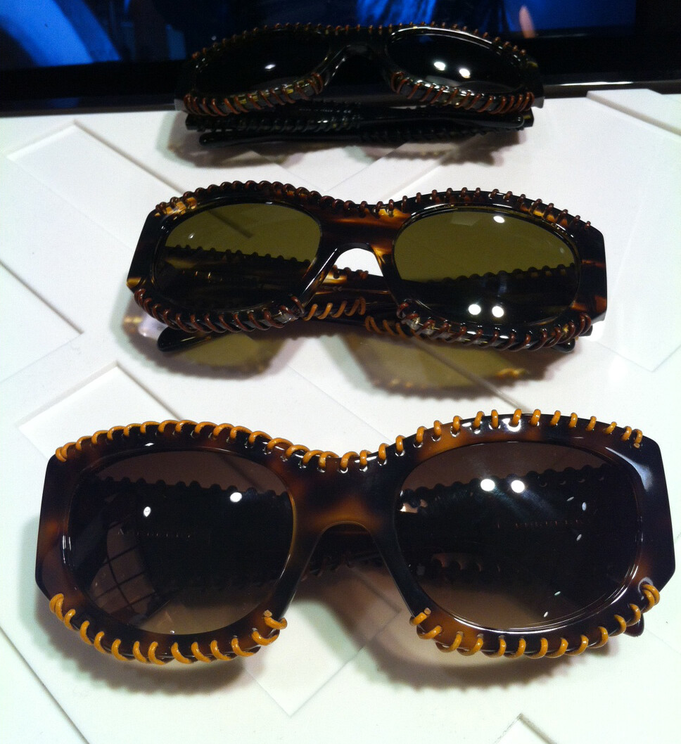 Burberry eyewear with leather braid top and bottom. WOW. As seen at the Luxottica press day this morning in London.