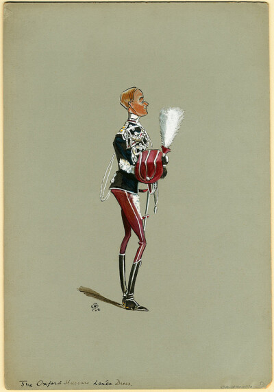 Yeomanry regimental soldier caricature in decorative uniform jacket carrying feathered hat