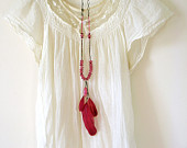 Red Feather Necklace . Handmade Jewellery with red Jade gemstone . Bohemian Gypsy Style