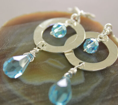 Sterling silver earrings with blue skies Swarovski crystals drops and round beads on hoops