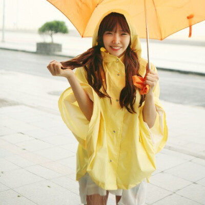 Ozsama女士新款夏装纯色带帽单排扣可爱雨衣
