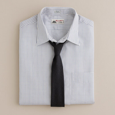 Thomas Mason® fabric point-collar dress shirt in blue windowpane