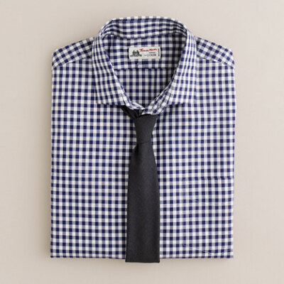 Thomas Mason® fabric spread-collar dress shirt in navy gingham