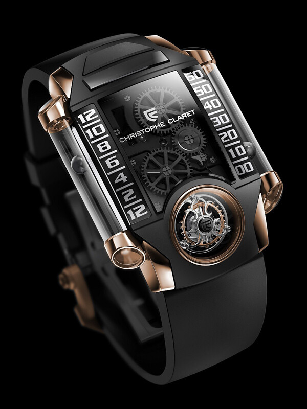  Christophe Claret X-TREM-1 X-TREM-1为新一代全新概念时计的首款作品，无论在技术或美学方面都堪称登峰造极之作：倾斜30度的浮动式陀飞轮在以curvexe钛金属制成的立体机板上旋转，搭配有别于传统腕表的逆跳时分显示系统。两颗镂空精钢小球彼此分开，在表壳左右侧的蓝宝石水晶玻璃管上移动以显示时间。这个神奇装置的奥妙之处在于两颗小球和机芯间没有任何机械连结，而是靠着磁场而完美运作。其中，X代表实验精神（Experimental）、T代表时间（Time）、R研究（Research）、E工程（Engineering），M代表是机制（Mechanism）。