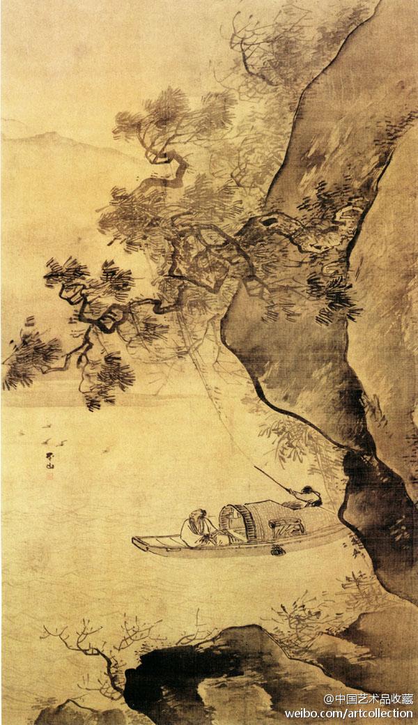 【 明 张路 《溪山泛艇图》 】绢本设色，165.8×97.5cm，上海博物馆藏。 此图写远山隐约起伏，近岩苍松虬屈盘空，水鸟低掠于明净溪面，景色清旷雄奇，其间有一士人泛舟于溪山之间，他遥望江中，如痴如醉，清幽，典雅。笔墨坚实浑厚，但有清空之意韵，把浙派遒劲纵肆绘画风格展现得淋漓尽致。