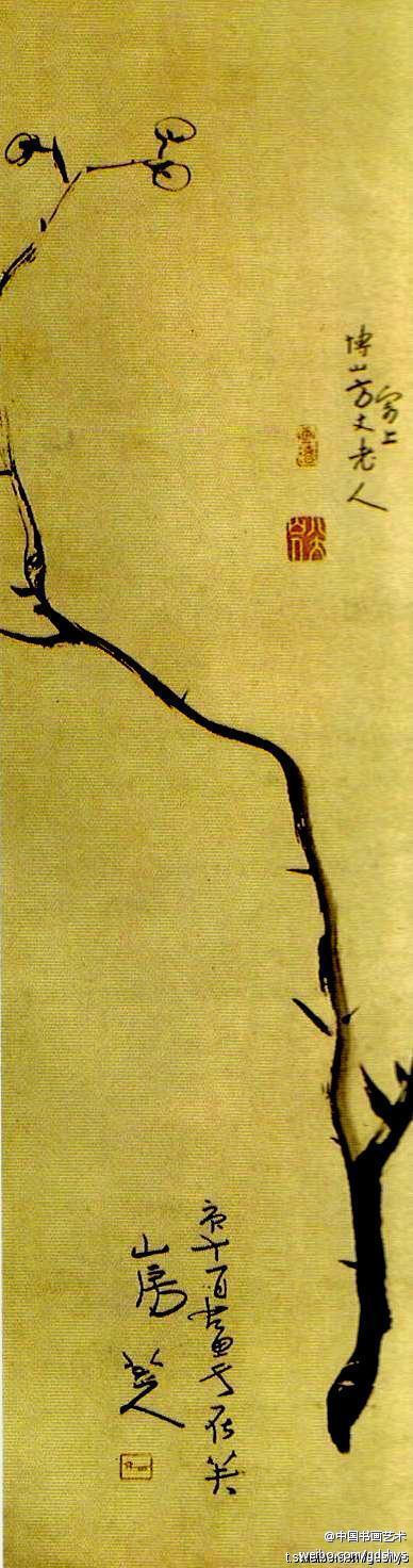 八大山人 作品 《墨梅图》 --- 此幅《墨梅图》构图奇特，一条重墨线条作为梅花主干，小枝旁出，章法结构不落俗套，在不完整中求完整。八大作品对后世影响极大。