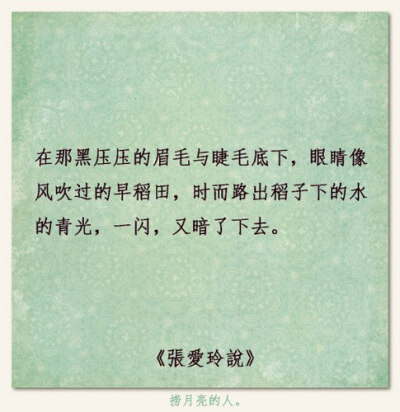 张爱玲说：在那黑压压的眉毛与睫毛底下，眼睛像风吹过的早稻田，时而露出稻子下的水的青光，一闪，又暗了下去。