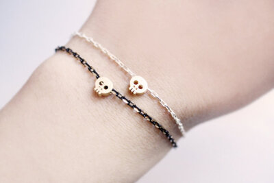 tiny skull bracelet - matt 14k gold plated skull on BLACK chain