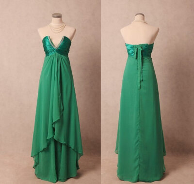 Custom make Vintage A Line Wedding Dress Bridal Gown Bridesmaid Dress Strapless V neck Green Satin Crystals Chiffon Prom Evening Dress