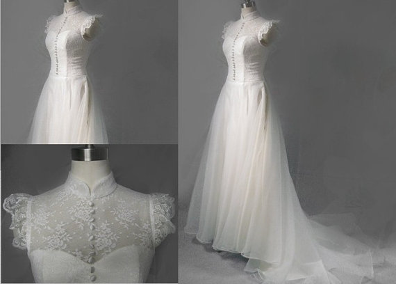 Custom make Vintage Wedding Dress A LINE Bridal Gown Cap Lace Sleeves Buttons Sash Bow Train Satin Tulle Organza Floor Plus Size Bridal GownFrom wonderxue