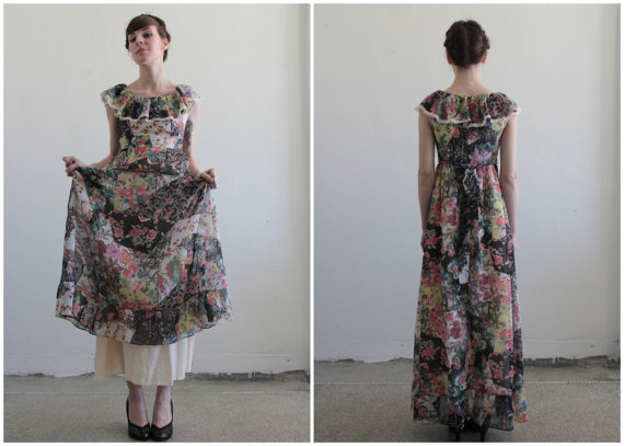 1960s Maxi Dress . LBD Floral Print . Cotton . Ruffles Lace . Summer . Size Extra Small