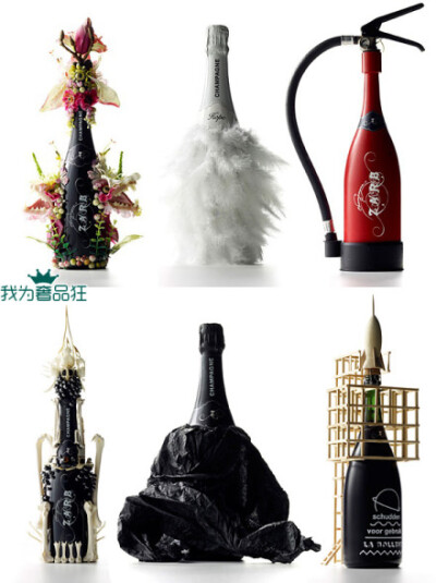 【艺术香槟】ZARB是一个香槟酒品牌，来自荷兰设计工作室THEY，该品牌拥有大量创意包装设计，以上三瓶来自《Art》系列