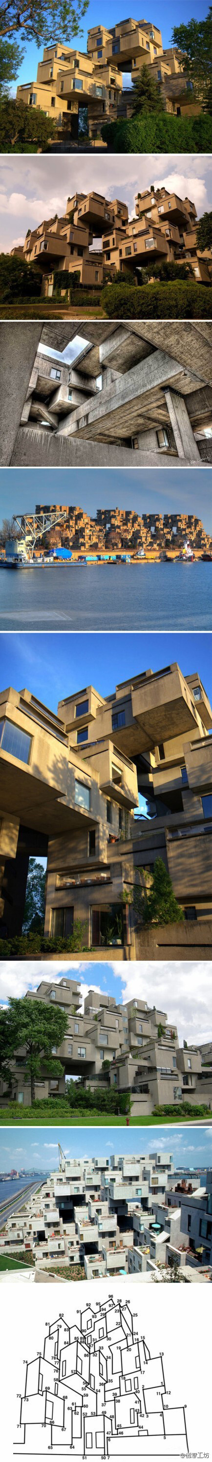 【364个立方体堆积出来的房子】Habitat 67是一座位于加拿大蒙特利尔圣罗伦斯河畔的一个住宅小区，加拿大建筑师萨夫迪Moshe Safdie是这座建筑的总设计师。将每一盒子式的住宅单元都设定为统一的模块，再像集装箱那样以参差错落的形式堆积起来，做到形散神不散。