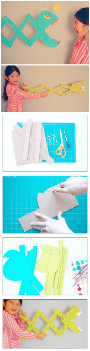 DIY一个会咬人的怪物玩具 这个玩具大伙肯定都见过，是利用简单的力学原理之作而成的。而且只要把纸板裁成自己喜欢的形状，动物也好怪兽也没关系，小鳄鱼，大蛇，怪怪的海洋生物，传说中的巨龙都可以哦！小朋友一定会很喜欢这个玩具的~