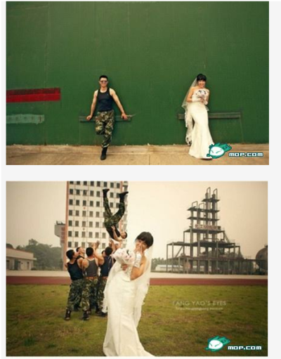 成都消防员张闯的婚纱照爆红网络。原来，两人太忙，拍婚纱照一拖再拖，政委一拍桌子：“就在这里拍”，催生了这组令人叫绝的创意婚照。