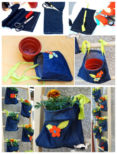 牛仔裤DIY花盆挂袋.材料：牛仔裤、剪刀、针线、其他颜色布料