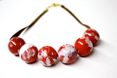 Red Ceramic Bead Necklace with Brown Suede