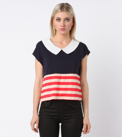 Pinclove - Navy Collared Striped Panel T-Shirt 圆领海军蓝横纹T恤衫