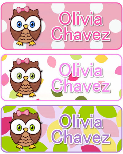 60 Personalized Waterproof Name Label Stickers - NEW - Adorable Owl Girl - Perfect for Bottles, Cups, School, Daycare