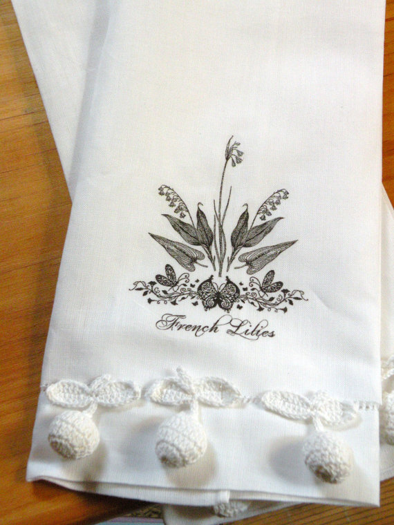 Two Linen Cotton Guest Towels -French Lilies Screenprinted Image Gift Towels