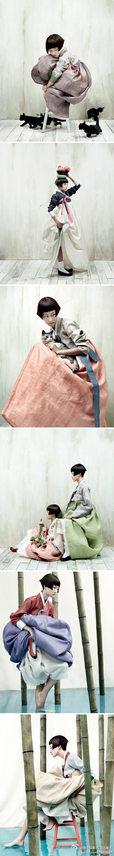 著名韩国摄影师Kim Kyung Soo以韩国传统节日为题材背景，高调色彩的运用、浓郁的古典氛围和精美的细节让他的作品在传统文化与时尚潮流之间取得了巧妙平衡，格调优雅，蕴含着浓郁的古典气质，有如一首温柔恬静的田园诗歌，让人浮想，入迷于画面的精致唯美，让人惊艳。@晓冬知春