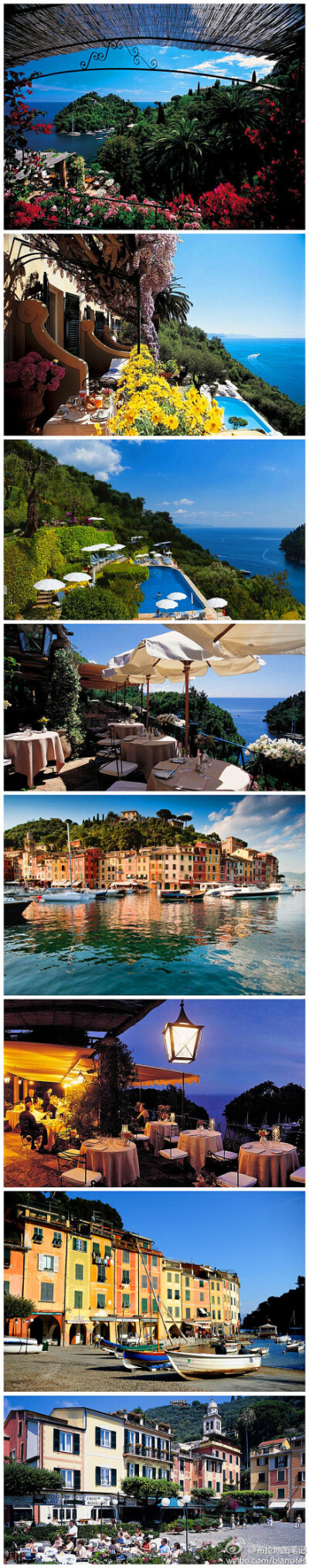 【最地中海的滨海小镇】这里是意大利的Portofino，号称地中海第一小镇。著名酒店Splendido俯瞰着此地最美的港湾，每扇窗户都能看到地中海那醉人的蓝！因这举世无双的美景，伊丽莎白泰勒、克拉克盖博都曾在此流连………