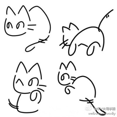 用日语中的假名（へ、の、も、じ）画成的4只萌猫。「へのへのもへじ猫」。作者：にぅま