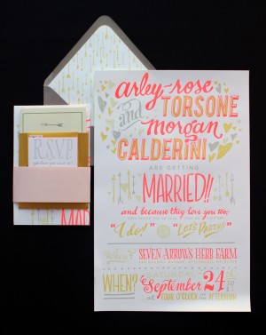 Ladyfingers Letterpress Neon Hand Lettering Wedding Invitations3 300x377 Arley Rose + Morgans Neon Wedding Invitations