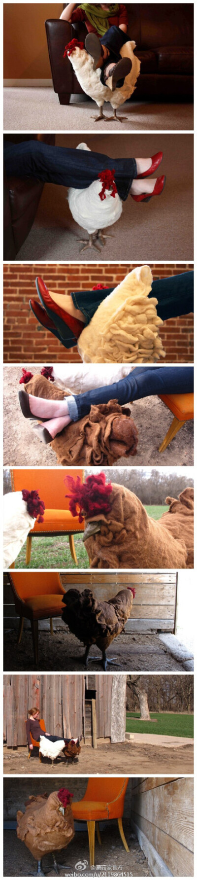 #创意家居#【温顺的大母鸡脚凳】这些外形很逼真的大母鸡脚凳，看起来还蛮舒适的样子。