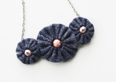 Yoyo necklace navy blue vintage fabric with peach beads I made this necklace with navy blue vintage fabric and embellished with peach colored Czech crystal beadbs. Yoyos are handsewn on the back . …