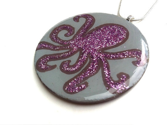 Medium, circle, gray pendant with purple octopus, hand-painted with resin finishFrom smittengirls