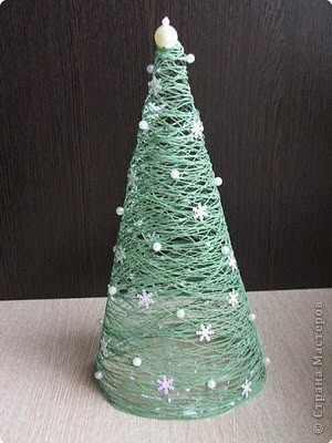 Christmas tree: cover cone with saran wrap, wrap with yarn, slather with Elmer's glue, dry, take away cone