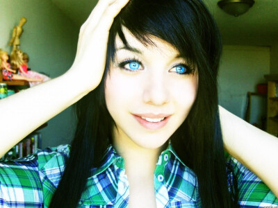 blue eyes plaid shirt faces black hair