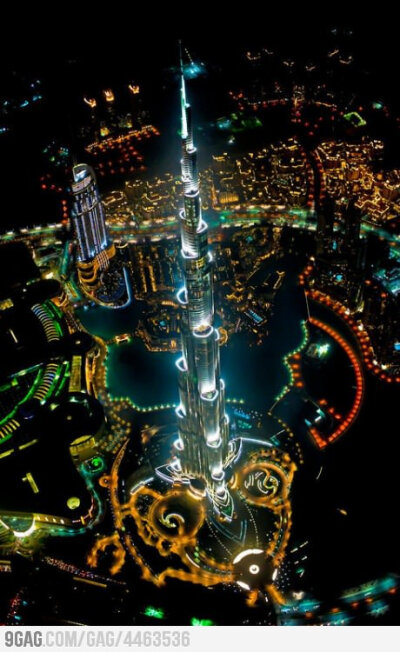 Tallest building in the world, from a helicopter, at night