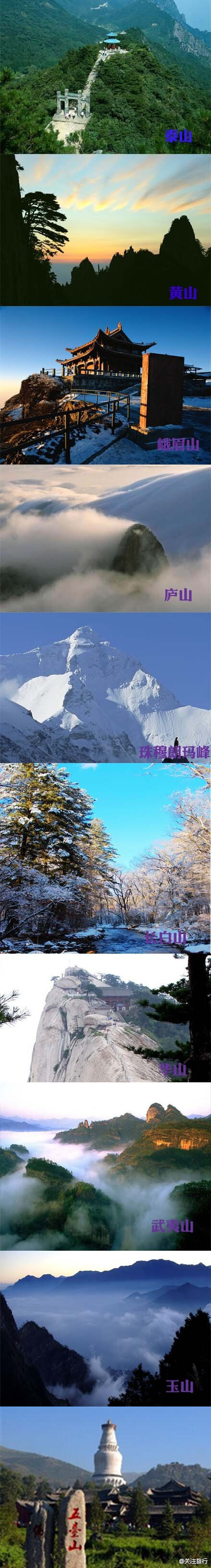 【中华十大名山依次为】：山东泰山、安徽黄山、四川峨眉山、江西庐山、西藏珠穆朗玛峰、吉林长白山、陕西华山、福建武夷山、台湾玉山(即阿里山主峰)、山西五台山。