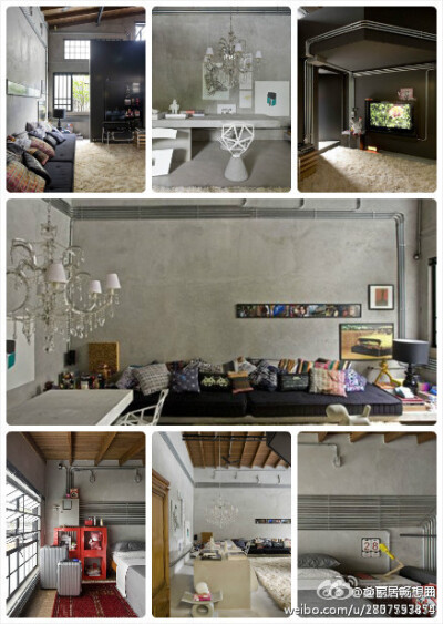 “毛坯房的搭配灵感”--- 这是巴西设计师Guilherme Torres自己的Loft公寓，在过去十年里他不断调整公寓的室内装饰。高调的金属管排线非常显眼，墙上的水泥色调与工作台的色调非常协调，如果你家也是毛坯房，想要不一…