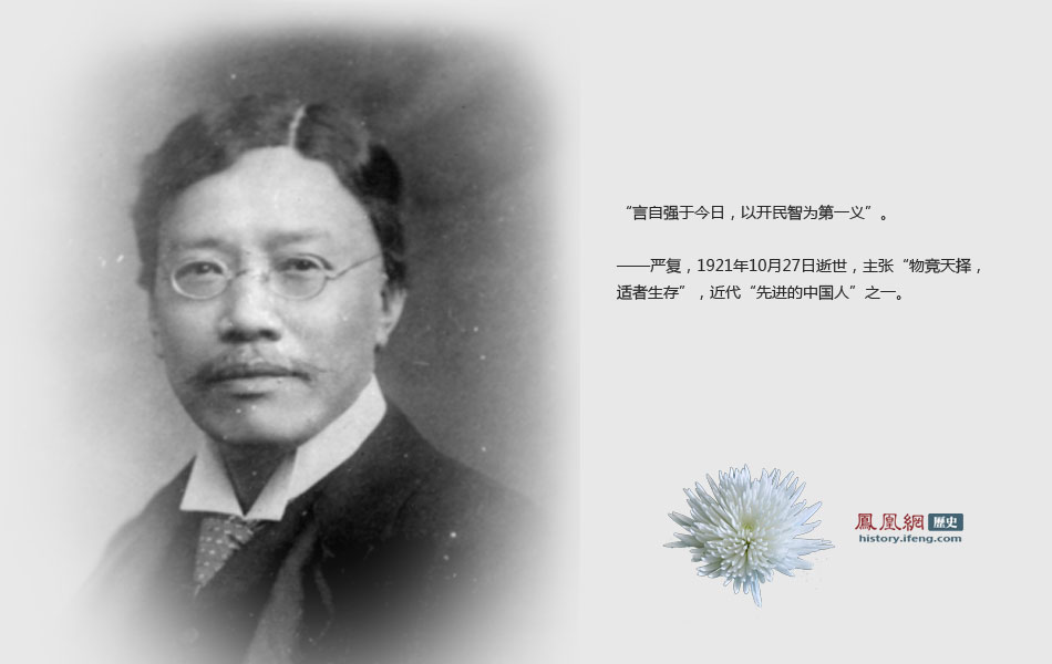 严复，1921年10月27日逝世，主张“物竞天择，适者生存”，近代“先进的中国人”之一。