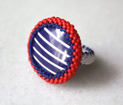 Red White and Blue Beaded Bezel Ring with Vintage Metal Cabochon