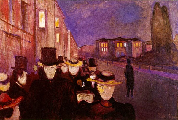 Evening on Karl Johan 1892; Oil on canvas, 84.5 x 121 cm; Rasmus Meyer Collection, Bergen