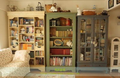 美式乡村书柜 地中海做旧书架 实木展示柜 定制家具