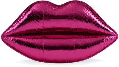 Fuchsia Metallic Snakeskin Lips Clutch - Lulu Guinness